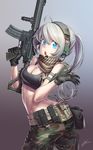  ahoge aqua_eyes ar-15 assault_rifle bad_anatomy breasts camouflage camouflage_pants cleavage error gloves gun headset holster knife kws md5_mismatch medium_breasts military open_mouth original pants polydactyly ponytail rifle scarf signature silver_hair solo sports_bra thigh_holster trigger_discipline twisted_torso vertical_foregrip weapon 