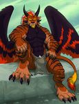  abs anthro biceps bulge charr clothed clothing digitigrade fangs feline guild_wars horn kougatalbain loincloth male mammal muscles pecs quads sitting skimpy video_games wfa wings 