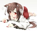  animal_ears ass barefoot blush brown_hair collarbone downblouse drooling ears_down eyebrows_visible_through_hair fingernails full_body gorilla_(bun0615) highres imaizumi_kagerou long_fingernails long_hair long_toenails looking_at_viewer lying nail_polish on_stomach red_eyes saliva sharp_fingernails sharp_toenails simple_background soles solo sweat toenails tongue tongue_out touhou white_background wolf_ears 