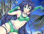  akairo_no_mako aqua_eyes arm_up blue_hair blush borrowed_character breasts cloud covered_nipples day gloves green_gloves highres large_breasts long_hair looking_at_viewer navel open_mouth original short_shorts shorts sky solo sports_bra thigh_strap very_long_hair 