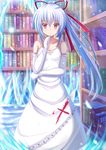  blurry bookshelf crossed_arms depth_of_field dress elbow_gloves finger_to_chin freudia_neuwahl gloves highres kazenokaze long_hair ponytail red_eyes rosenkreuzstilette solo tsurime very_long_hair white_dress white_gloves white_hair wind 