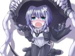  aqua_eyes bandaid black_gloves black_legwear blush bodysuit boots cape commentary crying crying_with_eyes_open fangs gloves hat kantai_collection monster_girl open_mouth oukawa_yuu shinkaisei-kan silver_hair sitting solo tears tentacles torn_cape wariza wavy_mouth wo-class_aircraft_carrier 