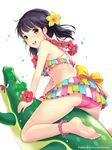  :d akiyama_minaki ass barefoot bikini black_eyes black_hair blush crocodile crocodilian flower flower_necklace frilled_swimsuit frills hair_flower hair_ornament hibiscus ilog jewelry lei looking_at_viewer multicolored multicolored_bikini multicolored_clothes necklace occhan_(11715) official_art open_mouth smile solo swimsuit toy twintails 