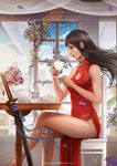  artist_name bangs bare_shoulders black_hair blunt_bangs brown_eyes china_dress chinese_clothes cleavage_cutout closed_mouth crossed_legs cup curtains day deviantart_username dress feet_out_of_frame flower from_side hair_blowing holding holding_cup indoors katana lips long_hair long_legs magion02 making_of microdress no_panties nose original plant profile realistic red_dress rose signature sitting smile solo sword table teacup teapot thighs vase watermark weapon web_address window 