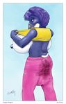  2009 avian bird breasts bulge clothing hair looking_at_viewer pants penguin pulsar purple_hair shirt solo tagme 