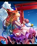  blue_sky bow chain cloud day gourd hair_bow horn_ribbon horns ibuki_suika letterboxed long_sleeves looking_away mconch multiple_torii orange_hair profile ribbon sky solo torii touhou yellow_eyes 