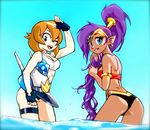  bikini blue_eyes brown_hair crossover ear_piercing female fingerless_gloves genie gloves hair looking_at_viewer looking_back machine mechanical mighty_switch_force patricia_wagon piercing ponytail purple_hair robot shantae shantae_(series) swimsuit unknown_artist 