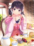  akiyama_minaki black_eyes black_hair bow box cake casual cup food gift gift_box hair_bow hair_ribbon holding hood hooded_jacket ilog jacket jewelry macaron necklace occhan_(11715) official_art ribbon smile solo teacup teapot tiered_tray twintails 