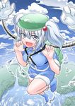  :d backpack bag blue_hair blue_sky blush boots cloud day fisheye fuuzasa hair_bobbles hair_ornament hat highres kawashiro_nitori lake mechanical_arms open_mouth river rubber_boots shirt shorts sky smile solo touhou two_side_up v-shaped_eyebrows whirlpool 