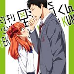  1girl blush bow copyright_name gekkan_shoujo_nozaki-kun height_difference nozaki_umetarou official_style orange_hair pleated_skirt polka_dot polka_dot_bow rouman_academy_uniform sakura_chiyo sawao_(kenban2) school_uniform skirt 