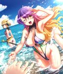  ;d arm_behind_back arm_up ass blonde_hair blush breasts brown_eyes cloud commentary day earmuffs from_behind gradient_hair highres hijiri_byakuren holding_arm kezune_(i-_-i) large_breasts long_hair looking_at_viewer multicolored_hair multiple_girls navel ocean one_eye_closed open_mouth outdoors pov purple_hair short_hair sky slingshot_swimsuit smile splashing swimsuit sword touhou toyosatomimi_no_miko wading water weapon 