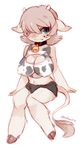  blue_eyes bovine breasts brown_fur brown_hair cattle choker cleavage clothed clothing cowbell freckles frown fur hair hiddenwhite horn mammal navel nipples plain_background shirt shorts yellowfur 
