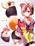  1girl animal_ears bangs between_breasts breasts brown_hair cleavage collar dog_ears dog_tail highres jacket jewelry lili_mdoki looking_at_viewer medium_breasts midriff multicolored_hair multiple_views off_shoulder original pencil_skirt pendant red_eyes short_hair skirt sleeves_past_wrists smile solo star star-shaped_pupils symbol-shaped_pupils tail thigh_strap 
