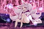  amacha animal_ears bare_shoulders barefoot cherry_blossoms fox_ears fox_tail highres japanese_clothes kimono kitsune legs long_sleeves multiple_tails original purple_eyes short_hair sitting sleeves_past_wrists solo tail tree water white_hair 