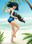  ass barefoot beach black_hair blue_hair blush brown_eyes competition_school_swimsuit day full_body highres himadarou legs long_hair looking_at_viewer looking_back one-piece_swimsuit original outdoors palm_tree sand school_swimsuit smile solo swimsuit tree water_gun 
