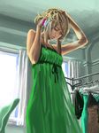  bare_shoulders blonde_hair cellphone cigarette clothes_rack dress eyelashes green_dress hand_in_hair highres l.g_(greenforce1) lips lipstick long_hair makeup messy_hair nose one_eye_closed original phone red_eyes smartphone smoking solo spaghetti_strap 