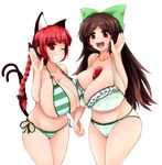  2girls animal_ears between_breasts bikini blush braid breast_press breasts brown_hair cat_ears cat_tail cleavage female hair_ribbon huge_breasts hydrant_(kasozama) kaenbyou_rin long_hair multiple_girls open_mouth red_eyes red_hair reiuji_utsuho ribbon simple_background skindentation smile standing swimsuit symmetrical_docking tail thighs touhou toumeikousokudouro white_background wink 