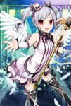  :d banned_artist black_legwear feathered_wings hair_ornament hat holding idolmaster idolmaster_cinderella_girls kanzaki_ranko leaning_forward looking_at_viewer microphone_stand open_mouth reaching red_eyes silver_hair smile solo tetsubuta thighhighs twintails white_wings wings zettai_ryouiki 