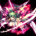  bad_id bad_pixiv_id blush breasts cleavage clenched_teeth electricity energy full_body glowing green_hair hair_between_eyes highres large_breasts long_hair mechanical_halo multiple_wings original pink_eyes solo teeth twintails white_wings wings yamacchi 