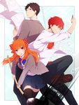  &gt;:) 2boys :o bad_id bad_pixiv_id black_legwear bow brush calligraphy_brush copyright_name funota gekkan_shoujo_nozaki-kun long_hair mikoshiba_mikoto multiple_boys nozaki_umetarou orange_hair oversized_object paintbrush paper pen pleated_skirt polka_dot polka_dot_bow purple_eyes sakura_chiyo skirt smile thighhighs v-shaped_eyebrows zettai_ryouiki 