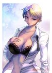  black_bra blonde_hair blue_eyes bra breasts cleavage collarbone earrings eyelashes jewelry king_(snk) lace lace-trimmed_bra large_breasts lips navel necktie necktie_removed open_clothes open_shirt saturn-freak shirt short_hair solo the_king_of_fighters underwear 