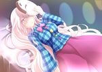  blush bubble_skirt gisyo hata_no_kokoro long_hair long_sleeves looking_at_viewer lying mask on_back pink_eyes pink_hair plaid plaid_shirt shirt skirt solo touhou very_long_hair 