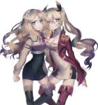  2girls azur_lane black_legwear black_ribbon blonde_hair breasts cleavage commentary_request frown hair_ribbon hairband highres ikunix02 kantai_collection large_breasts long_sleeves multiple_girls namesake nelson_(azur_lane) nelson_(kantai_collection) red_legwear ribbon thighhighs twintails 