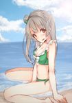  absurdres arm_support barefoot beach bikini breasts brown_eyes cleavage cloud day frilled_bikini frills front-tie_top green_bikini grey_hair highres long_hair looking_at_viewer love_live! love_live!_school_idol_project mikazuchi_zeus minami_kotori outdoors parted_lips shiny shiny_skin side-tie_bikini sitting sky small_breasts strap_gap swimsuit topknot wariza 