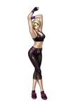  alternate_costume armpits arms_up blonde_hair breasts capri_pants crossed_legs full_body king_(snk) leon_(s-damianvencedor) lips medium_breasts midriff navel pants shoes short_hair sideboob sneakers solo sports_bra standing stretch the_king_of_fighters watson_cross white_background wristband 