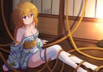  :t bare_shoulders blonde_hair blush breasts cat charlotte_dunois cleavage infinite_stratos japanese_clothes kazenokaze kimono long_hair medium_breasts nichijou obi off_shoulder on_floor purple_eyes ribbon sakamoto_(nichijou) sash silhouette sitting sliding_doors solo thighhighs white_legwear wooden_floor yukata 