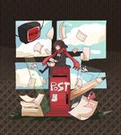  brown_background brown_hair closed_eyes cloud cloudy_sky envelope hair_ornament hairclip kagerou_project letter nine_usagi origami paper paper_crane pencil postbox_(outgoing_mail) red_scarf ruler scarf short_hair sitting sky solo tateyama_ayano television window 