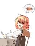  blonde_hair boned_meat d: fang food fork hunger_pangs hungry knife meat open_mouth plate red_eyes rumia sh_(562835932) shirt short_hair sitting solo spoken_food stomach_growling table touhou vest 