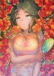  bra breasts brown_eyes brown_hair cleavage covered_navel fan flower front-hook_bra halterneck hibiscus highres large_breasts lying ogino_atsuki original see-through shirt solo underwear upper_body wet wet_clothes wet_shirt yellow_bra 