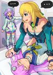  3girls bed blonde_hair blue_eyes blush breasts choker choujigen_game_neptune_mk2 closed_eyes d-pad d-pad_hair_ornament detached_sleeves door doorway hair_ornament kami_jigen_game_neptune_v large_breasts long_hair lying multiple_girls nepgear neptune_(choujigen_game_neptune) neptune_(series) o_o on_back on_bed open_door open_mouth pillow pinned purple_hair segamark shoes short_hair straddling striped striped_legwear sweatdrop tears thighhighs vert very_long_hair walk-in you_gonna_get_raped yuri 