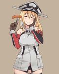  ^_^ bare_shoulders bismarck_(kantai_collection) blonde_hair blush breasts closed_eyes detached_sleeves food gloves hand_on_own_cheek hand_on_own_face hat kantai_collection kuroneko_shiro large_breasts long_hair military military_hat military_uniform peaked_cap sausage solo thighhighs uniform 