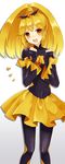  :d bad_end_peace bad_end_precure black_bodysuit black_gloves black_legwear blonde_hair bodysuit fingerless_gloves gloves highres long_hair looking_at_viewer open_mouth pantyhose pleated_skirt precure skirt smile smile_precure! solo yellow_eyes yon_(letter) 