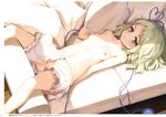  :o absurdres bloomers breasts censored couch crotch_cutout green_eyes green_hair heart heart_of_string highres indoors ke-ta komeiji_koishi lying mosaic_censoring navel nipples no_hat no_headwear no_pants non-web_source on_back open_clothes open_shirt pussy scan shadow shirt short_hair small_breasts solo stomach topless touhou underwear white_bloomers wire 