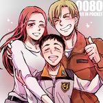  1girl 2boys :d alfred_izuruha bernard_wiseman black_hair blonde_hair child christina_mackenzie eyes_closed facing_viewer grin gundam gundam_0080 happy long_hair looking_at_viewer multiple_boys noshima open_mouth red_hair smile thumbs_up wink 