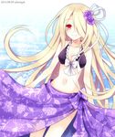  adapted_costume bikini bikini_top blonde_hair blush bow breasts chisa cleavage collarbone dated floral_print flower hair_flower hair_ornament hair_over_one_eye hair_ribbon long_hair medium_breasts midriff navel pandora_(p&amp;d) purple_bikini purple_bow purple_flower purple_rose purple_skirt puzzle_&amp;_dragons red_eyes ribbon rose sarong skirt smile solo swimsuit towel twitter_username very_long_hair white_ribbon 