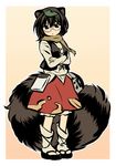  adapted_costume animal_ears bottle brown_eyes brown_hair crossed_arms futatsuiwa_mamizou glasses leaf leaf_on_head long_sleeves notepad raccoon_ears raccoon_tail sake_bottle scarf shirt skirt solo tail tanuki touhou vest yudepii 