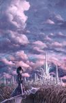  black_eyes black_hair city cloud fantasy field grass holding looking_back original outdoors path road sakimori_(hououbds) scenery short_hair skirt sky smile solo staff star_(sky) twilight 