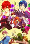  4boys black_legwear blazer blonde_hair blue_hair bow brown_hair brush flower gekkan_shoujo_nozaki-kun hair_bow jacket kashima_yuu long_hair mamiko_(koi_shiyou!) manga_(object) mechanical_pencil mikoshiba_mikoto muku_(pixiv3207772) multiple_boys multiple_girls necktie nib_pen_(object) nozaki_umetarou orange_hair pencil polka_dot polka_dot_bow raccoon red_hair rose rouman_academy_uniform ruler sakura_chiyo school_uniform seo_yuzuki short_hair suzuki_saburou_(koi_shiyou!) tanuki thighhighs traditional_media wakamatsu_hirotaka zettai_ryouiki 