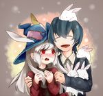  1girl :d ^_^ animal_ears blue_hair blush bunny bunny_ears closed_eyes hands_on_another's_shoulders hat irisu_kyouko irisu_shoukougun! jacket long_hair on_head on_shoulder open_mouth red_eyes sabunaga_(partisan) silver_hair smile sweat sweater uujishima_(irisu) wavy_mouth witch_hat 