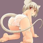  all_fours animal_ears ass bangs bare_shoulders barefoot blush feet from_behind grey_hair looking_back mouse_ears mouse_tail nazrin panties red_eyes short_hair simple_background solo tail tank_top touhou triangle_mouth underwear underwear_only white_panties yudepii 