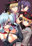  3boys :p arsene black_gloves blonde_hair blue_eyes blue_hair bomb breasts crown elbow_gloves ese_shinshi gloves hat heart henriette_mystere highres large_breasts looking_at_viewer mask monocle multiple_boys necktie ponytail purple_eyes purple_hair rat_(milky_holmes) short_hair smile stone_river tantei_opera_milky_holmes tongue tongue_out twenty_(milky_holmes) yellow_eyes 