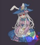  albino animal_ears apron blue_bow bow bowtie bunny_ears dress frilled_apron frilled_dress frilled_skirt frilled_sleeves frills hands_together hat hat_bow highres irisu_kyouko irisu_shoukougun! long_hair looking_at_viewer ohigan purple_dress red_eyes silver_hair sitting skirt solo very_long_hair witch_hat 