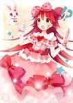  1girl :d bow brown_eyes choker collarbone double_bun dress frilled_dress frills gloves hair_bow hair_bun hair_ribbon holding jewelpet_(series) lady_jewelpet long_hair looking_at_viewer momona open_mouth red_hair ribbon ruby_(jewelpet) smile sparkle star surprised white_gloves yon_(letter) 
