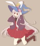  animal_ears blush boots bow bunny_ears casual center_frills chuo_(irityuo) coat dress frills grey_background hands_on_headwear hat hat_bow irisu_kyouko irisu_shoukougun! long_hair looking_at_viewer pleated_dress red_dress red_eyes silver_hair solo very_long_hair witch_hat 