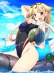  bangs blonde_hair competition_swimsuit fang food fruit hair_flaps highleg highleg_swimsuit highres kantai_collection long_hair one-piece_swimsuit red_eyes remodel_(kantai_collection) riding scarf solo swimsuit torisan torpedo water watermelon yuudachi_(kantai_collection) 