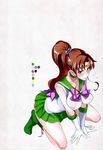  all_fours back_bow bishoujo_senshi_sailor_moon blush boots bow breasts breath brown_hair choker color_guide covered_nipples doujinshi earrings elbow_gloves from_above gloves green_choker green_footwear green_sailor_collar green_skirt high_heels highres isao jewelry kino_makoto kneeling large_breasts long_hair long_ponytail magical_girl miniskirt pink_bow ponytail purple_eyes sailor_collar sailor_jupiter sailor_senshi_uniform scan see-through shoes skirt sleeveless solo tiara v_arms white_gloves 